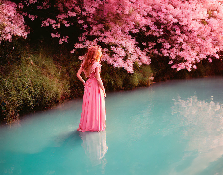 Woman in Pink Dress Standing in Blue Waters Amid Cherry Blossoms