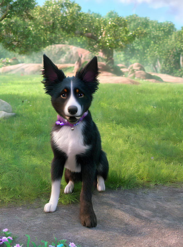 3D-animated Border Collie in sunlit meadow with purple collar