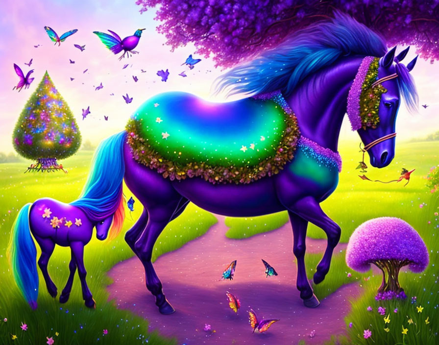 Colorful mythical horse surrounded by butterflies in magical meadow