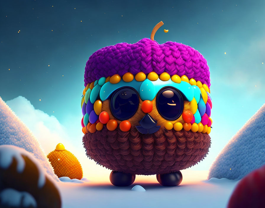 Vibrant knitted apple character in snowy setting