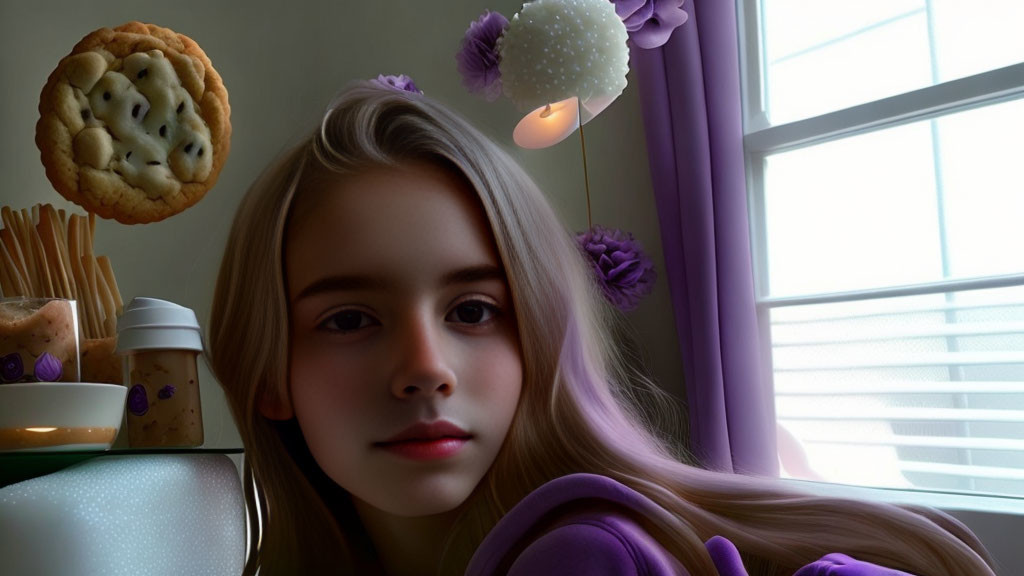 Young girl with flowers in hair by window with cookies and purple accents.