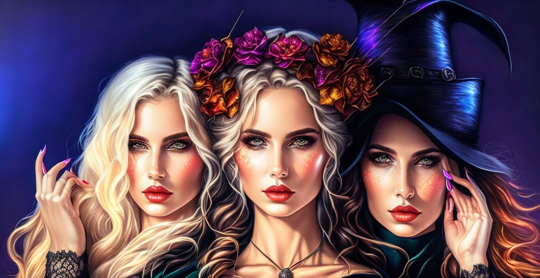 Three women in fantasy attire with striking makeup: floral crown, top hat, mystical look