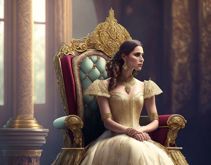 Regal woman in golden dress on luxurious throne