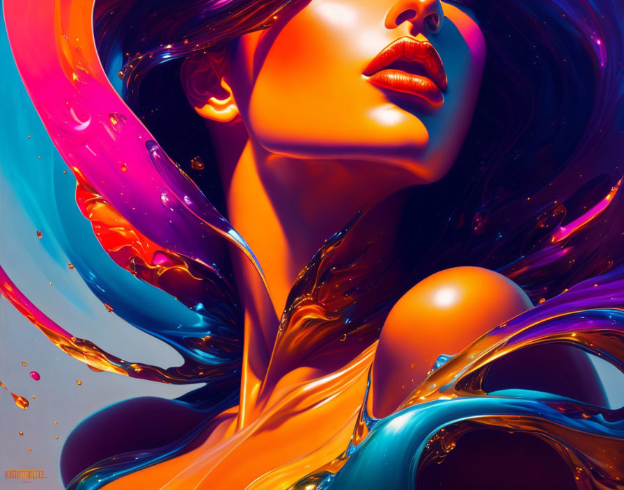 Colorful digital artwork: Woman's face with flowing liquid shapes