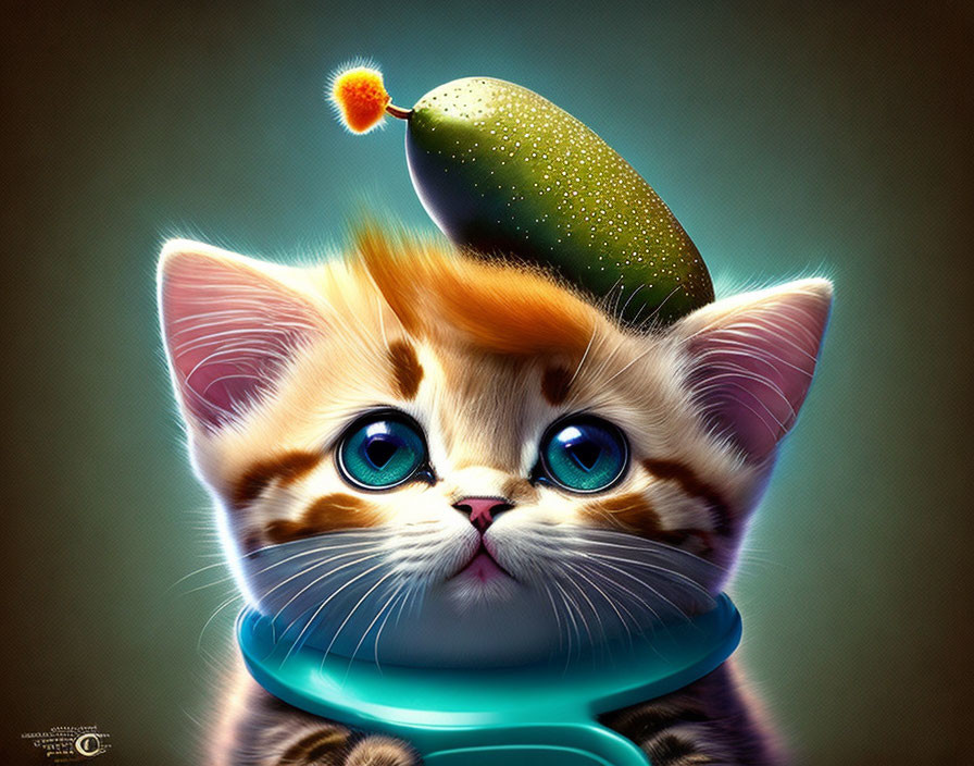 Whimsical digital artwork: Kitten with large blue eyes and avocado on head