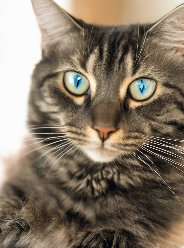 Tabby cat with blue eyes and striped fur pattern.