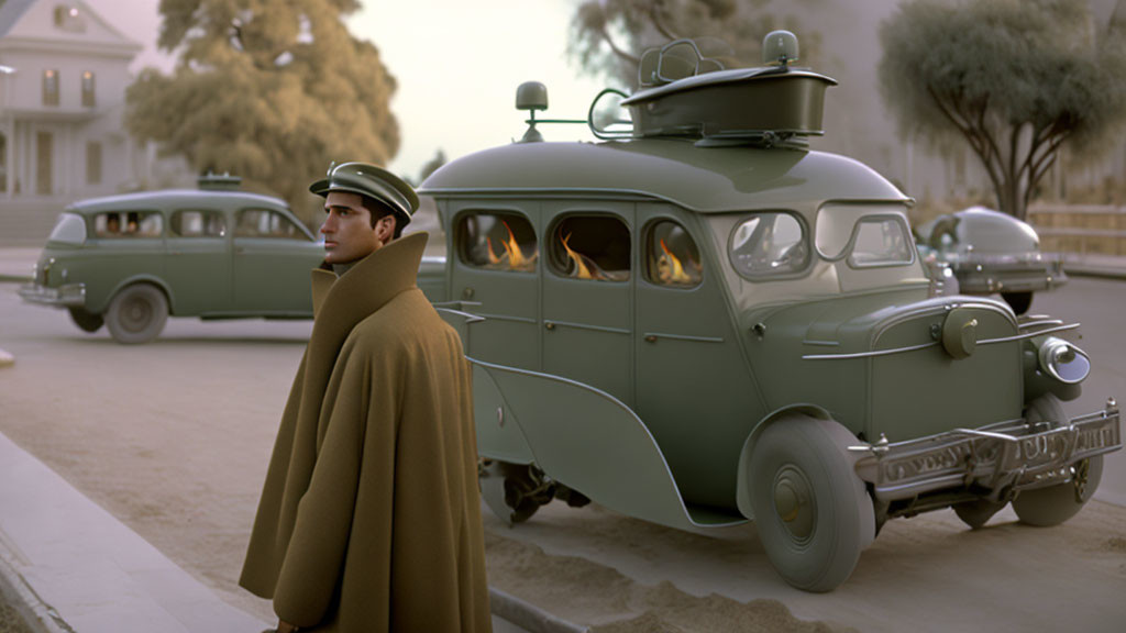 Man in Brown Coat Walking Past Vintage Ambulance on Old-Town Street