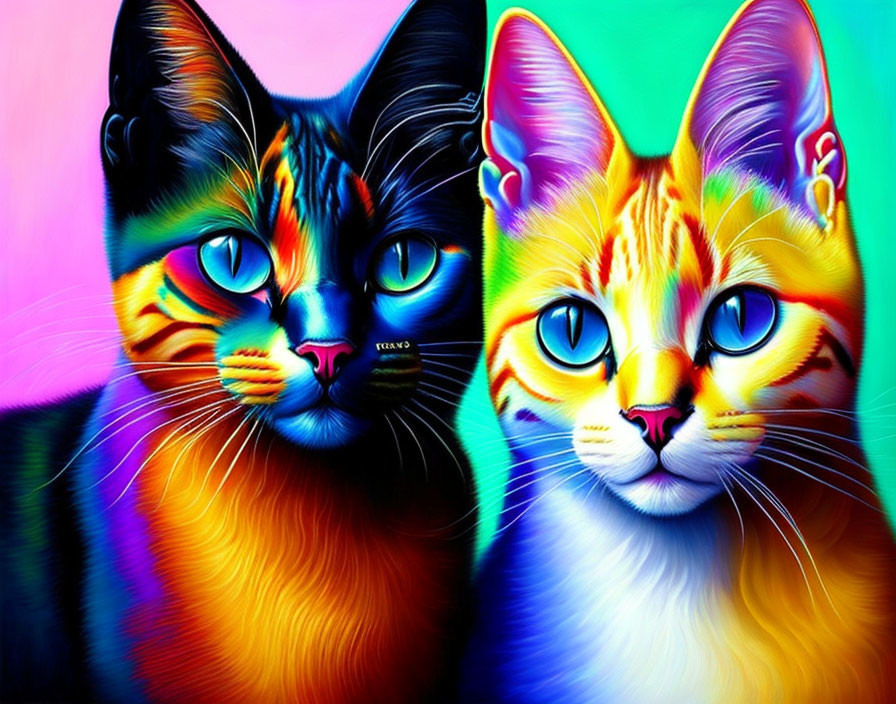 Colorful digital artwork: Two cats in vibrant psychedelic hues