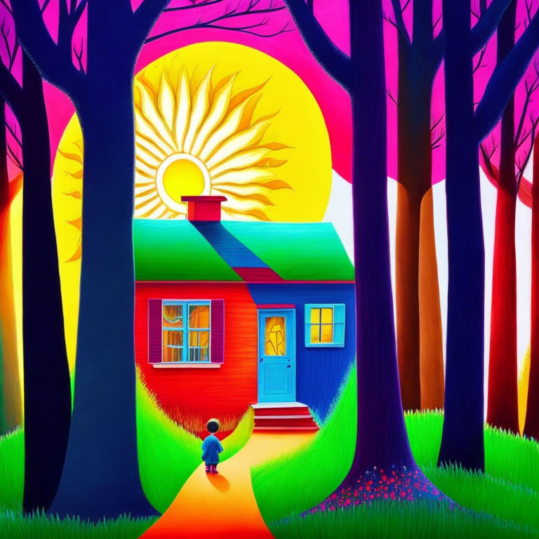 Colorful painting of child near magical forest house at sunset