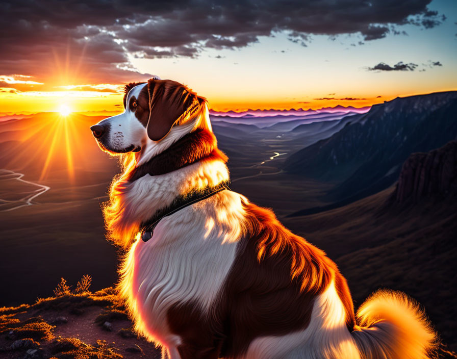 Dog sitting on mountain peak at sunset with warm sun glow