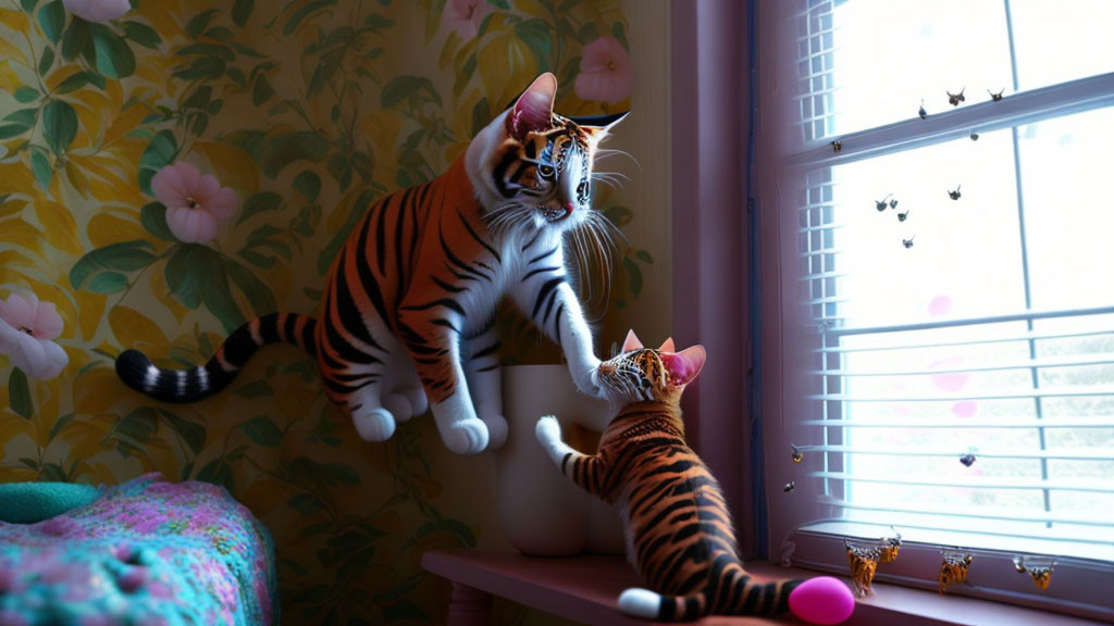 Two Striped Cats in Room: One on Windowsill, One on Dresser