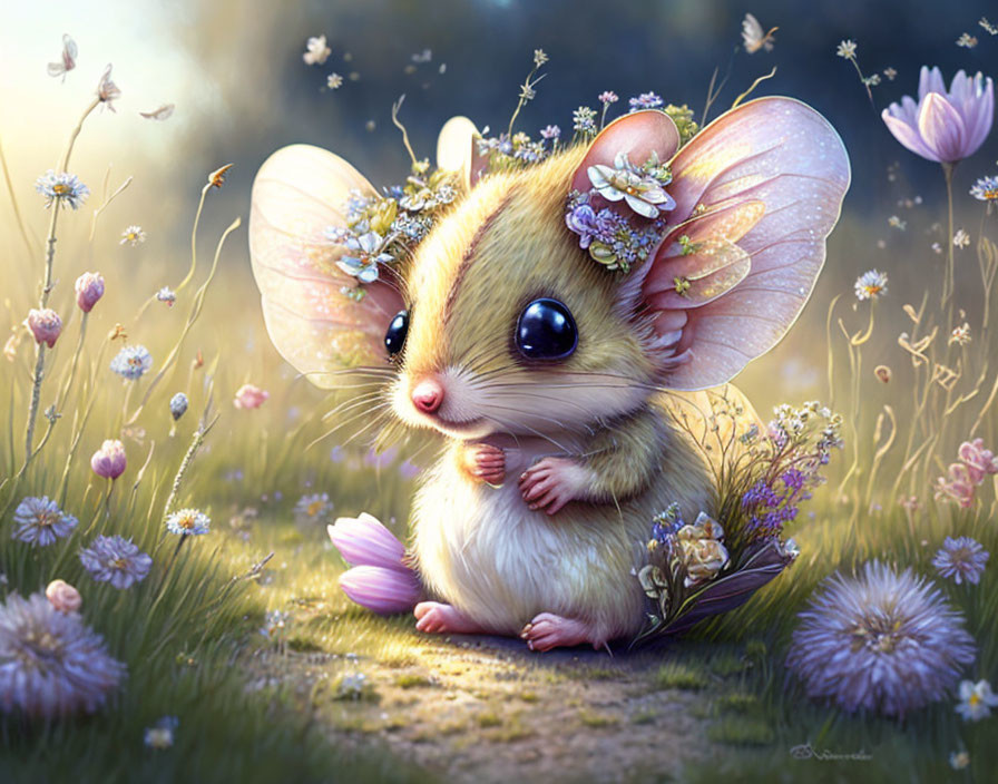 Whimsical mouse with translucent wings in blooming field