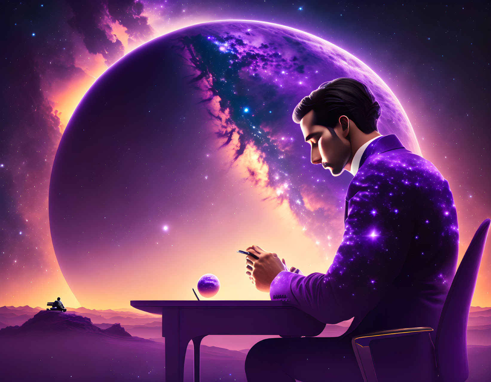 Man sitting at desk with cosmic purple planet backdrop and distant figure.