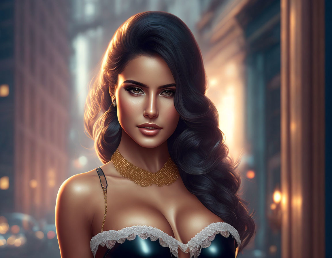 Voluminous wavy hair woman with golden choker in urban backdrop