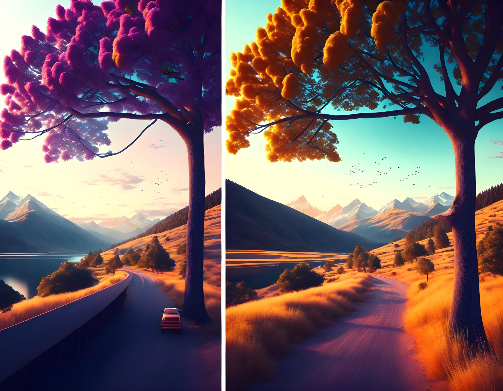 Split-scene image of surreal landscape with purple and orange trees, road, mountains, car, and