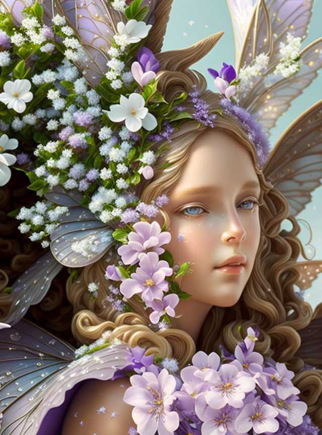 Digital illustration of a fairy with floral hair and delicate wings