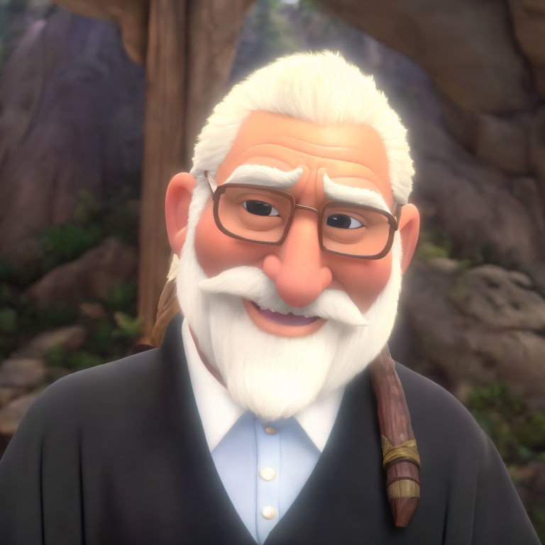 Elderly animated character with white hair and beard, round glasses, black coat, white shirt,