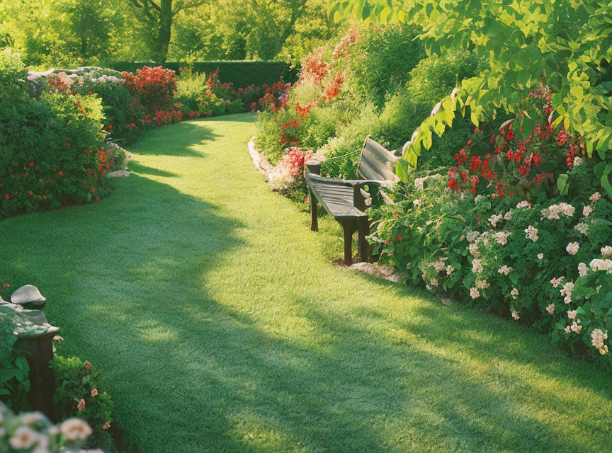 Tranquil garden with manicured lawn and vibrant flowers