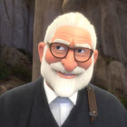 Elderly animated character with white hair and beard, round glasses, black coat, white shirt,