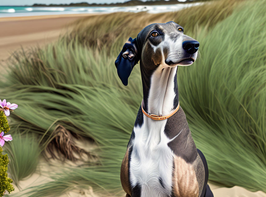 Regal black and tan dog with blue scarf sitting in beach grass