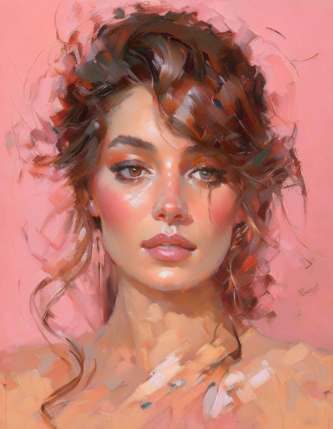 Digital painting of woman with wavy hair and flowers in soft pink tones.