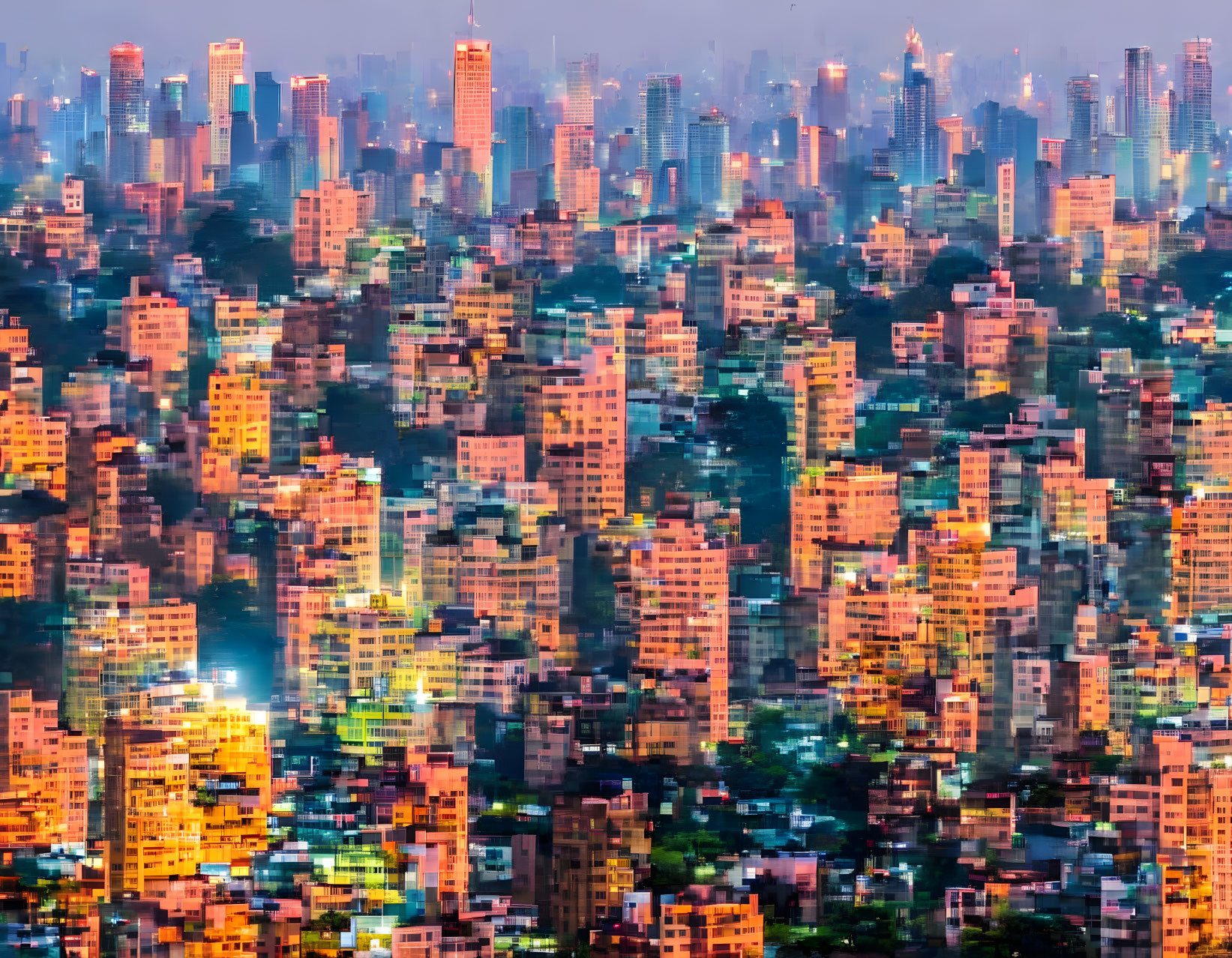 Twilight cityscape with illuminated high-rises against blue sky