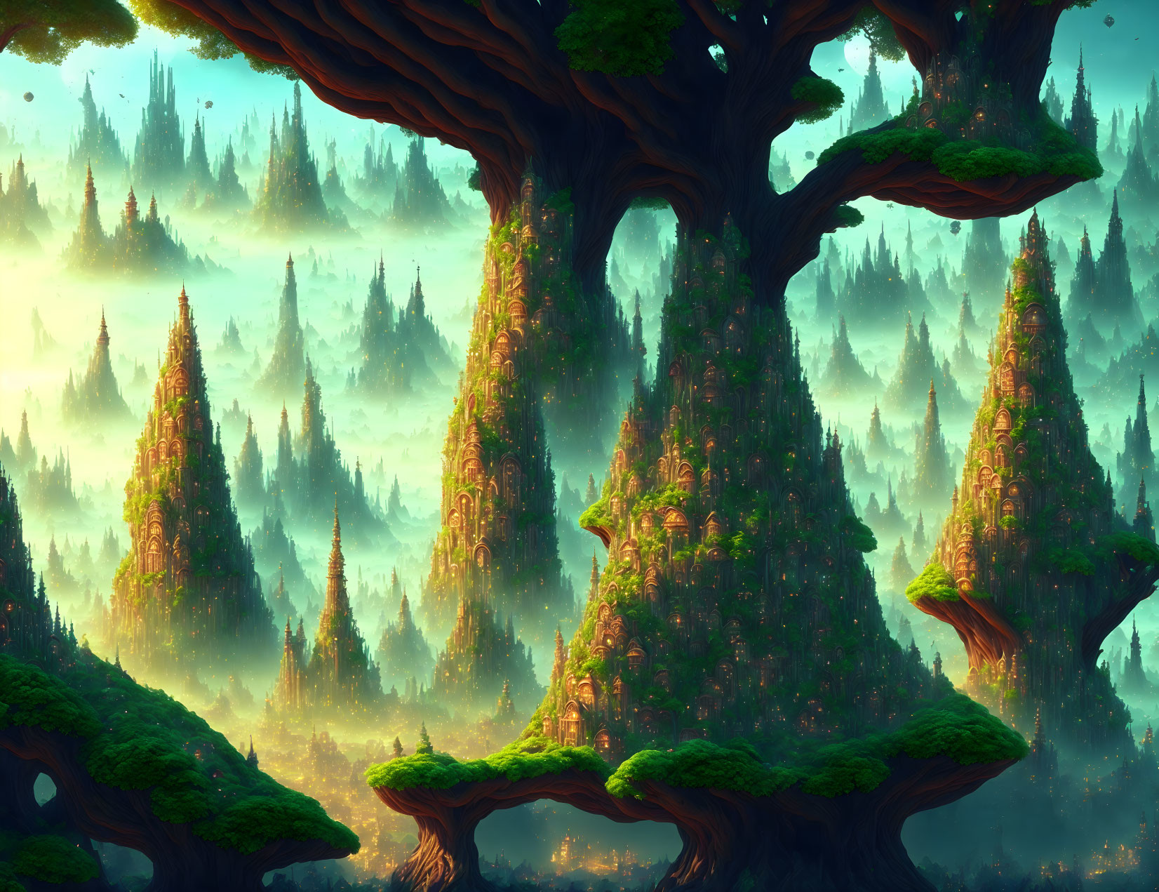 Majestic enchanted forest with towering trees and ethereal lighting