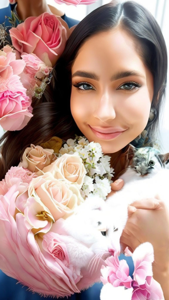 Woman holding pink rose bouquet with small bird, smiling brightly