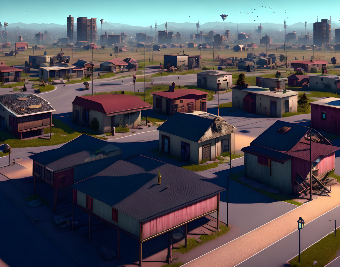 Stylized suburban neighborhood with industrial buildings and city structures