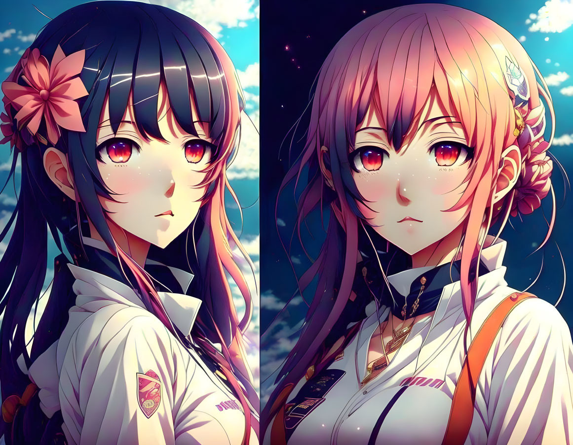 Anime-style girls with detailed eyes, one with black hair and a flower, the other blonde with accessories