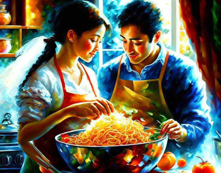 Vibrant impressionistic painting of a couple cooking pasta in a cozy kitchen