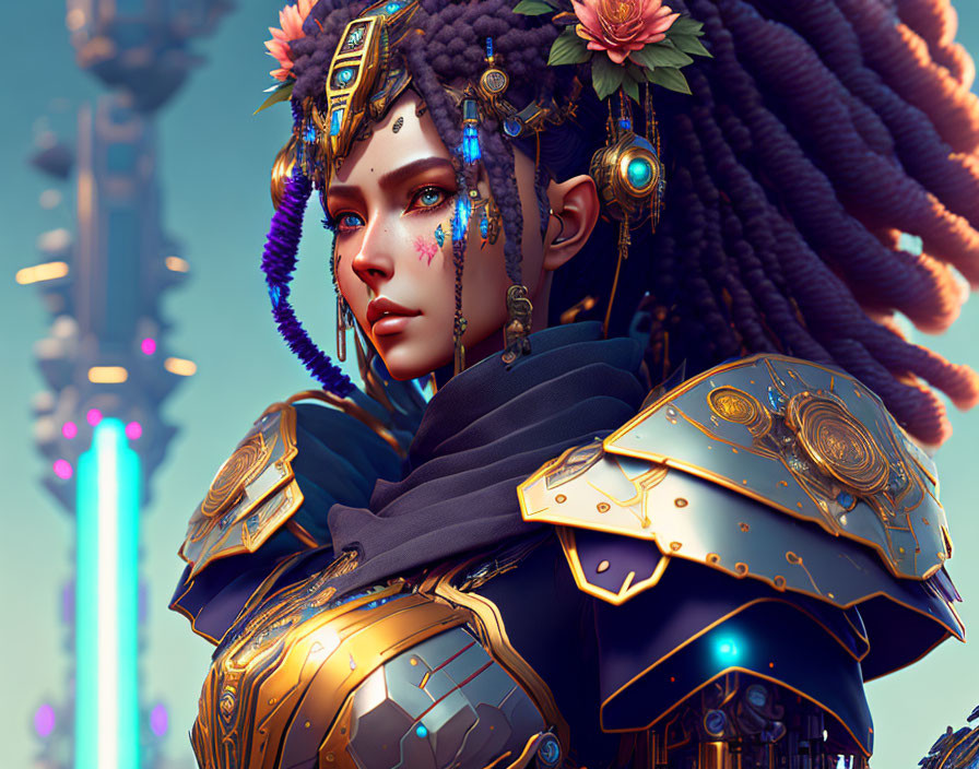 Futuristic warrior woman in golden armor with braided hair and neon cityscape