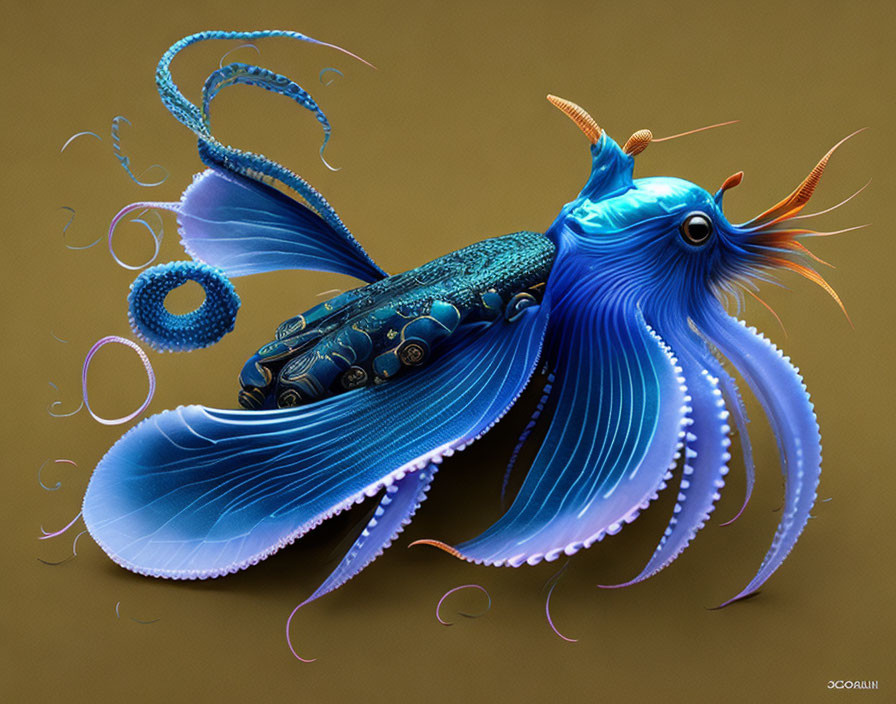 Fantastical blue fish digital artwork with intricate scales and flowing fins