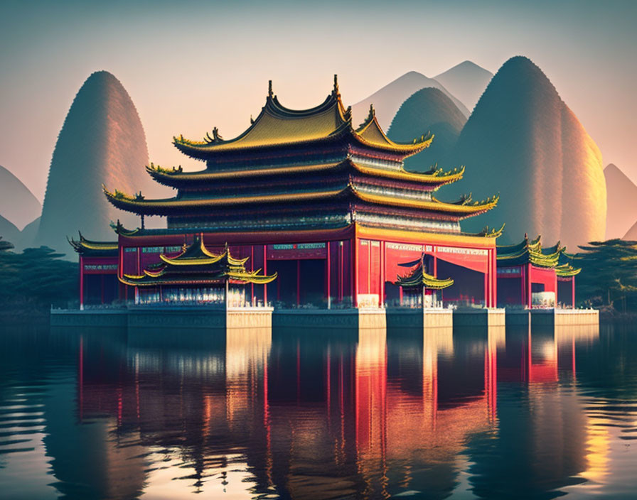 Traditional Chinese Pagoda by Calm Lake at Sunset