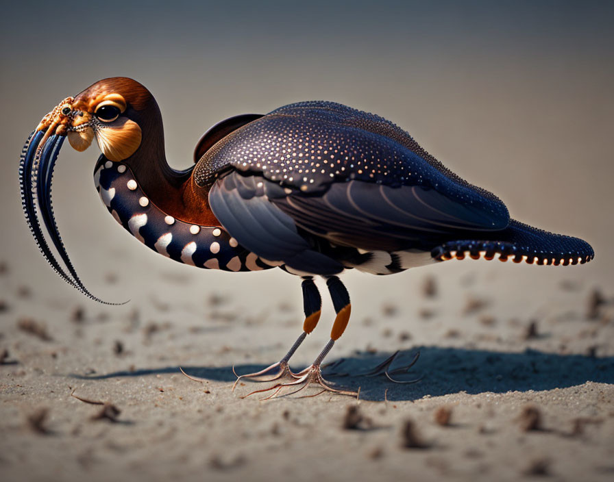 Surreal creature with bird-like body and octopus head on sand