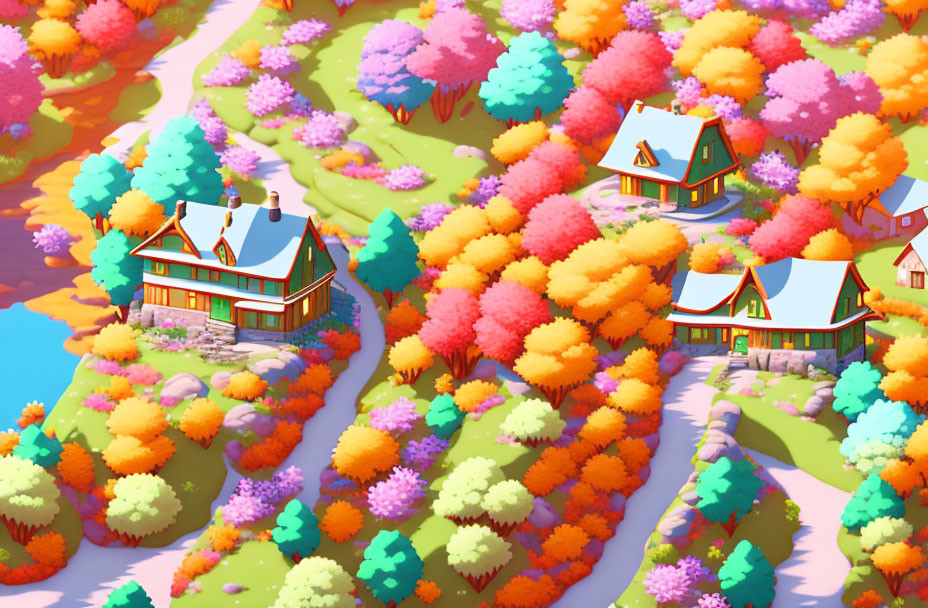 Colorful Autumn Trees and Red Roof Cottages in Stylized Landscape