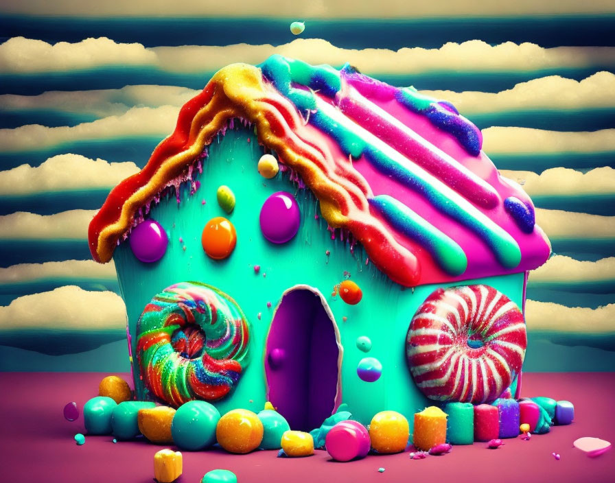 Vibrant candy-themed fantasy house with rainbow roof and sweet decorations