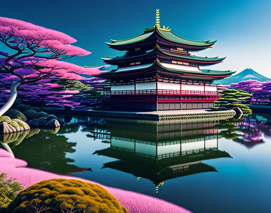 Traditional Japanese Pagoda with Mt. Fuji and colorful foliage in pond