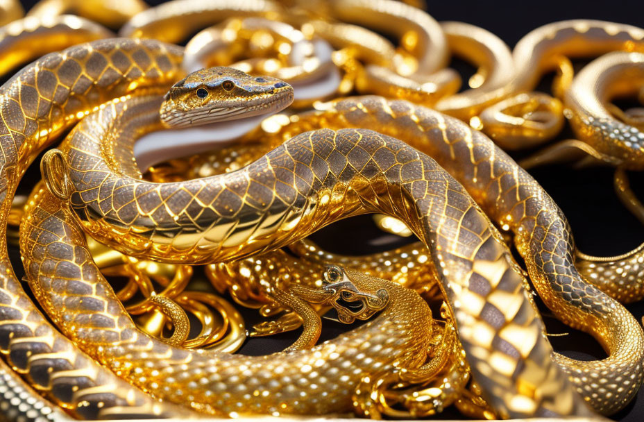 Luxurious Golden Snakes Intertwine Artfully on Dark Background