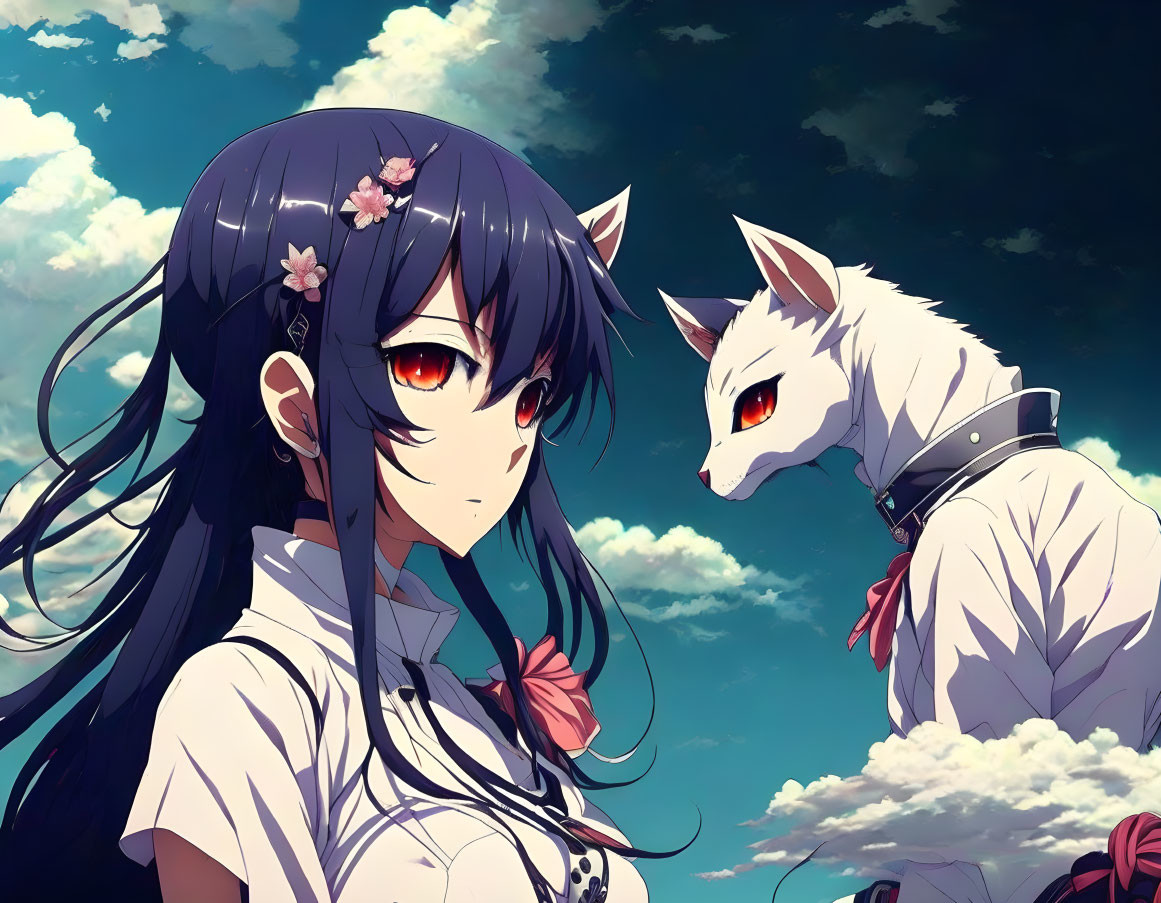 Girl with Black Hair and Red Eyes with White Fox and Flowers under Blue Sky