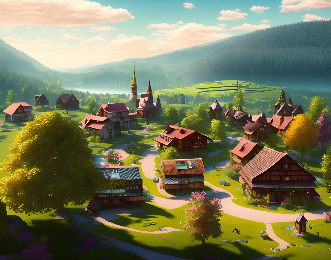 Scenic village with cozy houses, church spire, lush trees, rolling hills, sunny sky