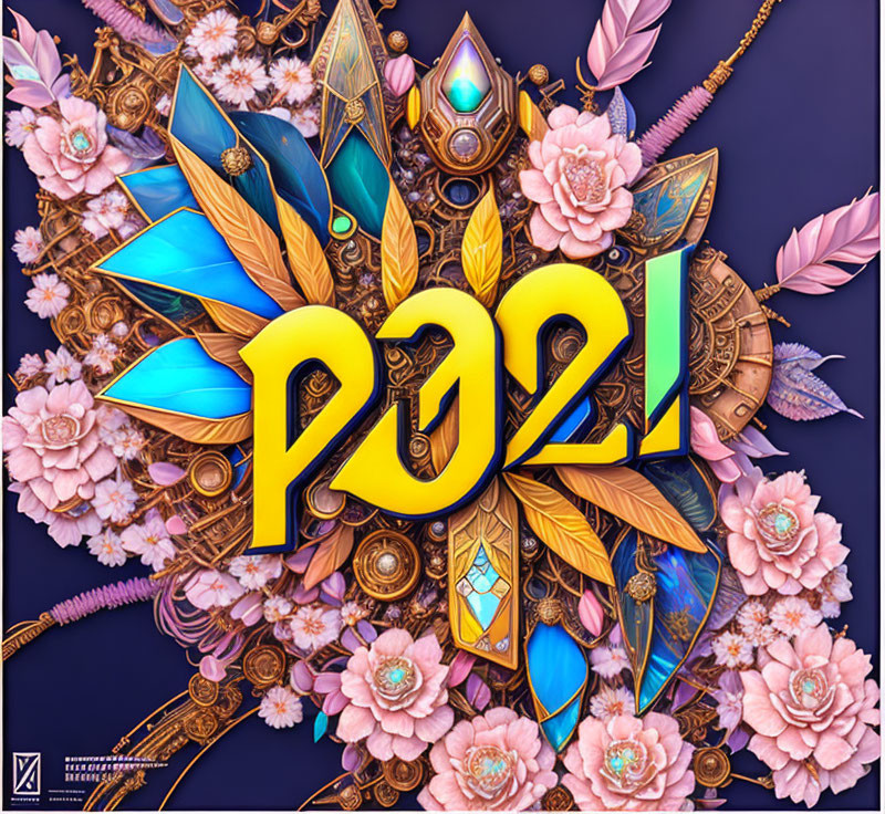 Colorful 3D Artwork: Yellow "2021" Text Among Gold Gears, Pink