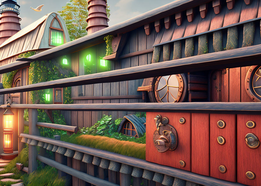 Whimsical treehouse illustration with circular doors and glowing windows