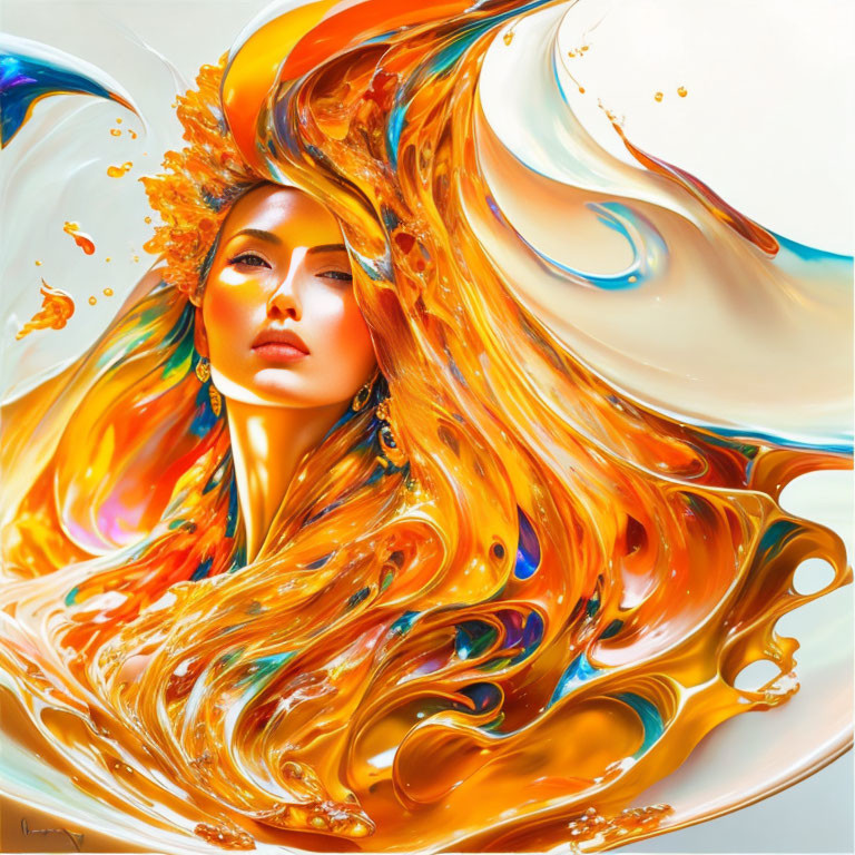 Colorful artwork featuring a woman with fiery hair and dynamic swirls