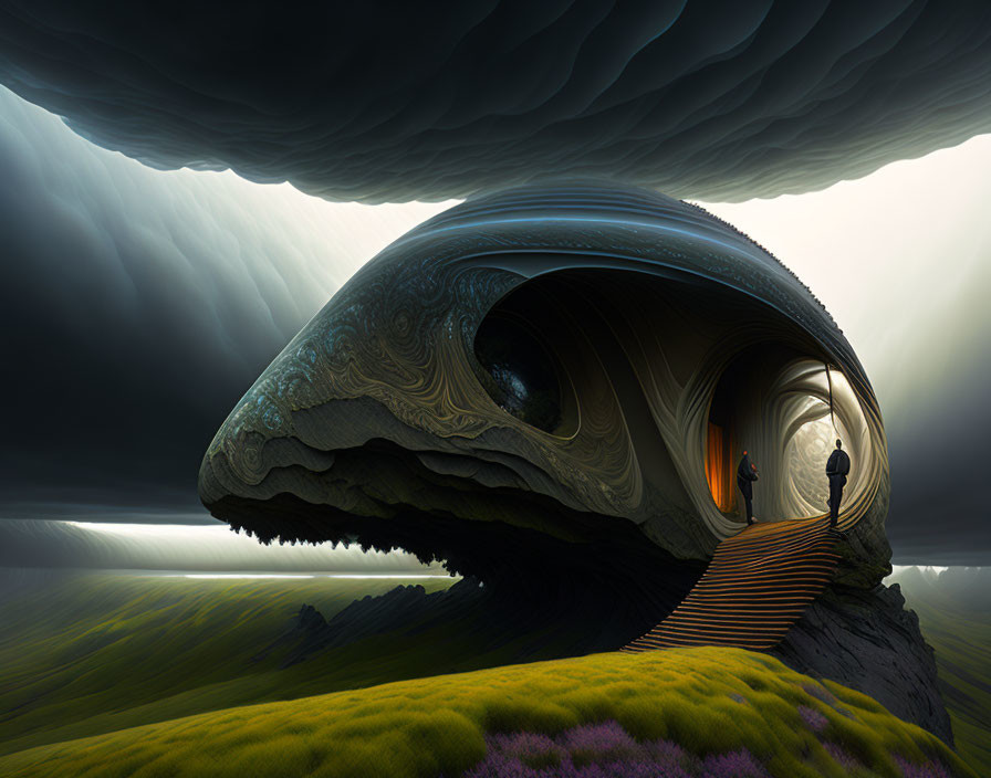 Futuristic structure resembling an eye in surreal landscape