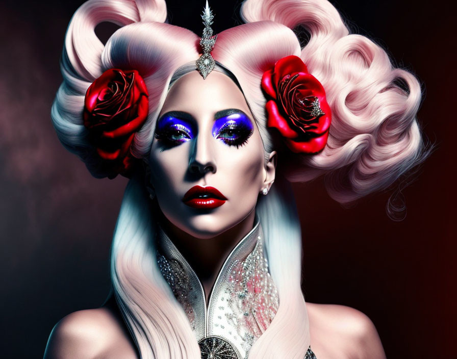 Elaborate hairstyle with dramatic makeup and red roses.