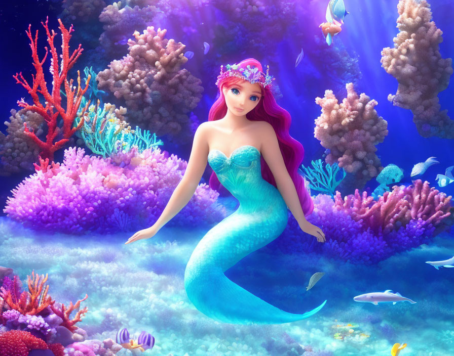 Colorful Mermaid Illustration with Pink Hair and Blue Tail Among Underwater Coral and Fish