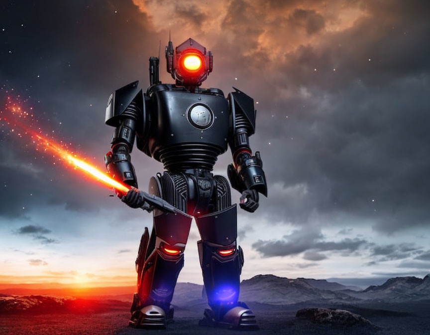 Futuristic robot with glowing red eyes and laser weapon on rugged terrain