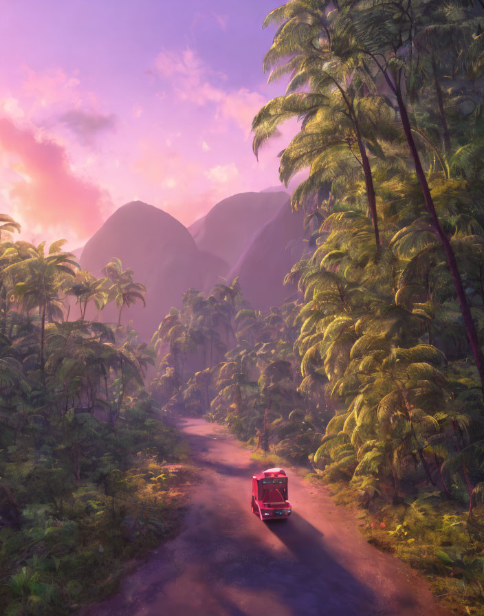 Red van driving through lush tropical forest with palm trees under purple sky