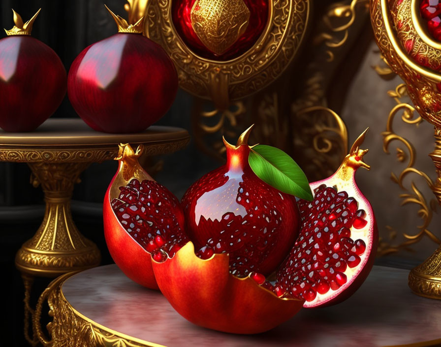 Three vibrant pomegranates with gleaming seeds on reflective surface and golden scrollwork.